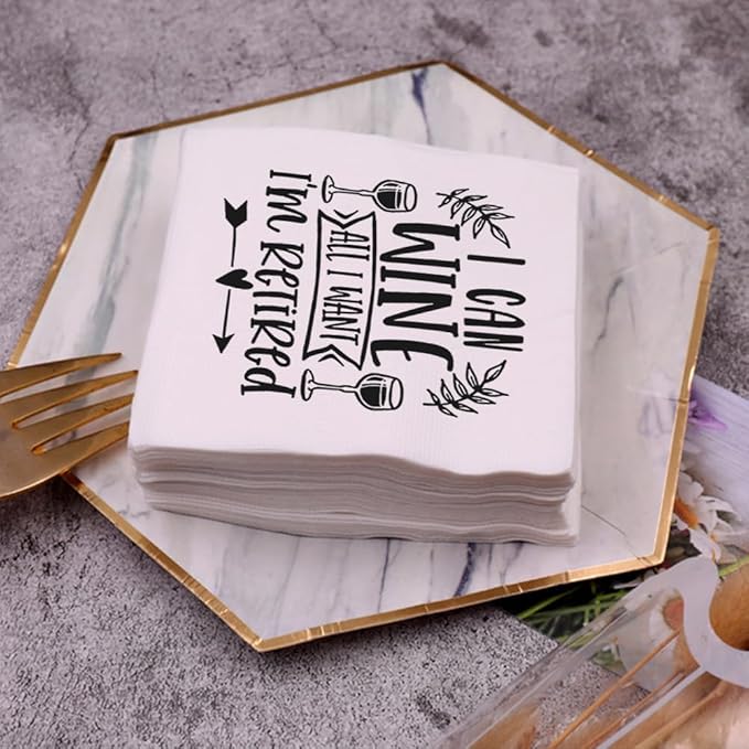 Retirement Cocktail Napkins Party Napkins Beverage Napkins Bar Napkins Disposable Paper Novelty Humorous Gag Gift 100Pcs 4.5 x 4.5 21-ply (I Can Wine All I Want I'm Retired)