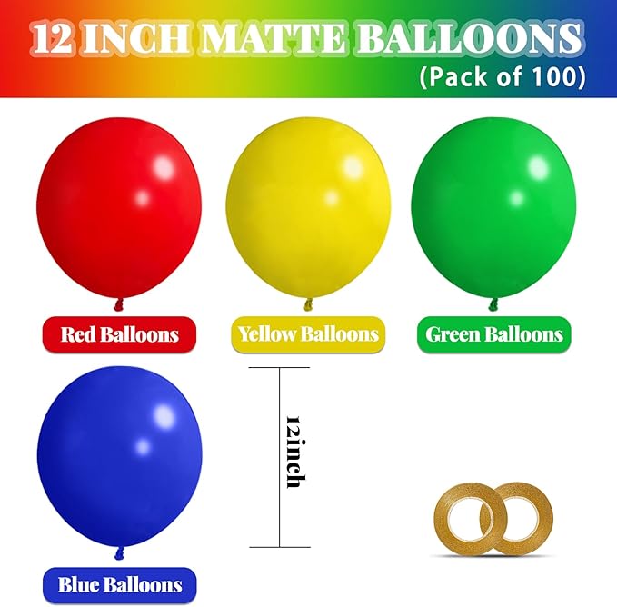 Red Blue Green Yellow Balloons 100 Pack 12 Inch Matte Blue Yellow Red Green Latex Balloon for Carnival Circus Balloon arch Kids Birthday Baby Shower Party Decorations