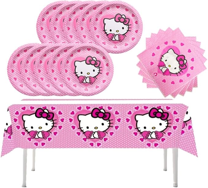 41 pcs Pink Cat Party Decoration Hello Cat Pink Kite Including 1pc Tablecover 20 pcs 7 inches Plates and 20 pcs 6.5 inches Napkins Cat Theme Birthday Party Decoration Favor Sets (41pcs heart)