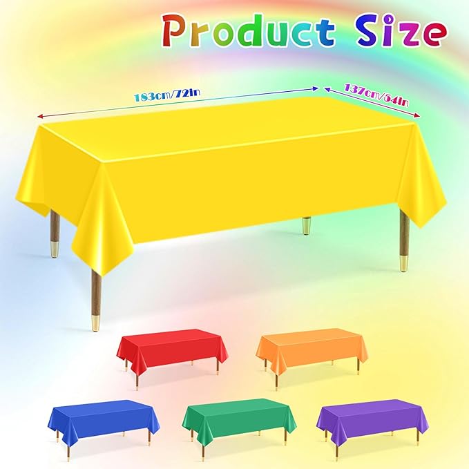 Mwellewm 6Pcs Plastic Table Cloth Disposable, Assorted Color Rainbow Tablecloth Colorful Neon Rectangle Bulk Solid Table Cover for Birthday Wedding Graduation Picnic Home Party Decorations（54x72 Inch）
