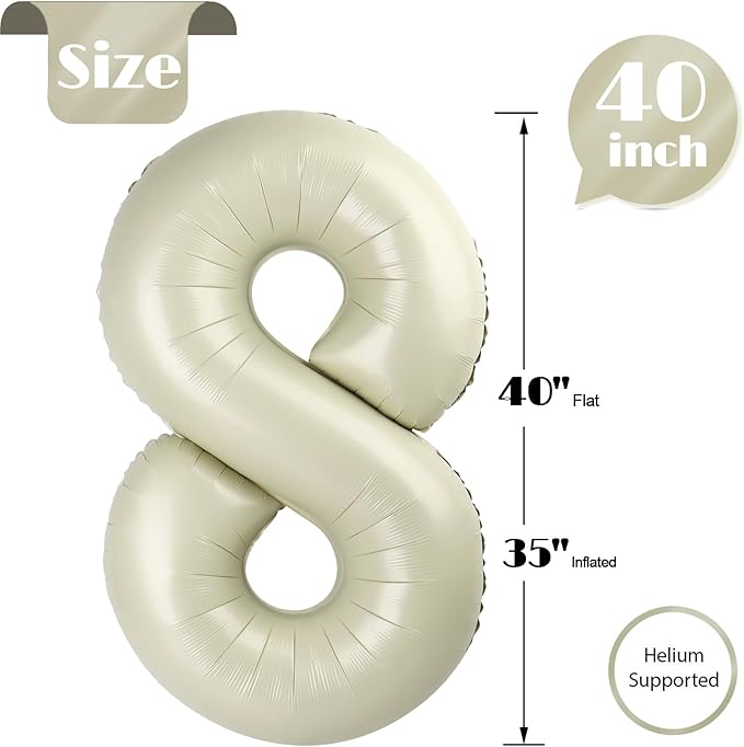 Cream Number 8 Balloon 40 Inch, 8 Balloon Number, 8th Birthday Decorations, Cream Party Supplies for Boys Girls