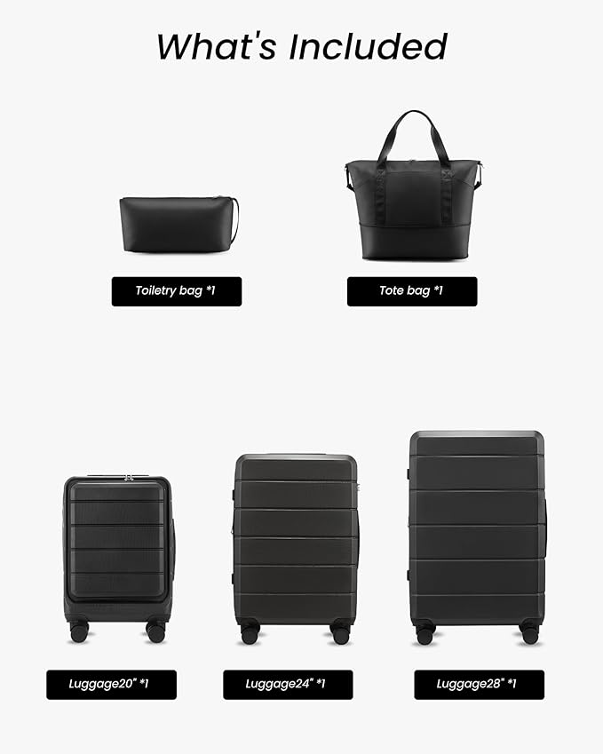 YOETEY 5 Piece Luggage Set Hardside Expandable Suitcase with TSA Lock Spinner Wheels Lightweight Travel Set Includes Tote and Toiletry Bag, (5 Piece Sets, Black)