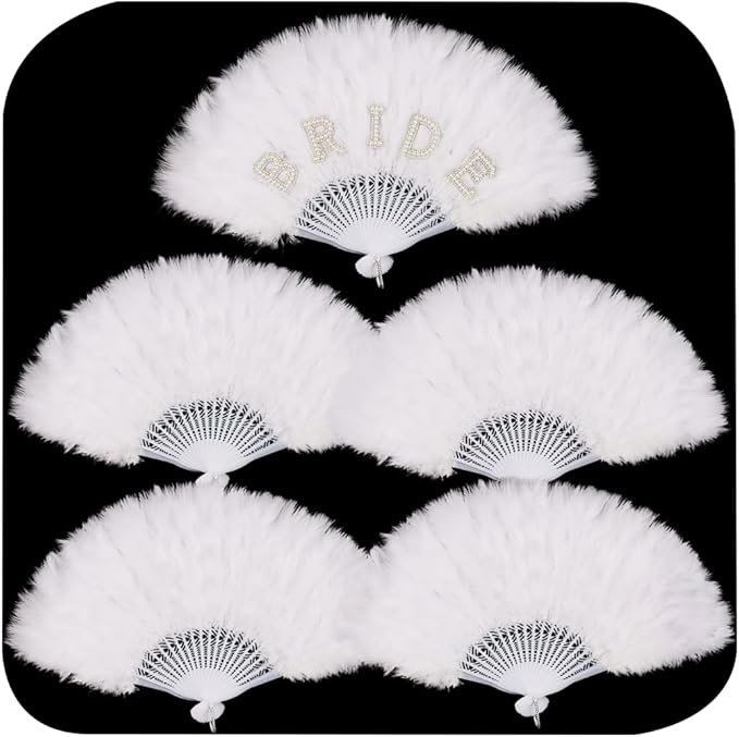 CUBACO Bride to be and Bridesmaid Hand Fan Foldable, Wedding Bachelorette Party Decorations and Bridal Shower Gifts White Feather Lace Fan Suitable for Engagement Bachelorette Outfit Bulk