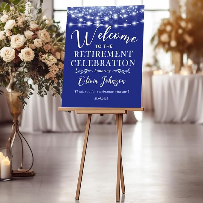 Retirement Celebration Party Welcome Sign, Gold Confetti on and Garland Lights on Navy Retirement Celebration Yard Sign, Customizable Name & Date - Multiple Sizes