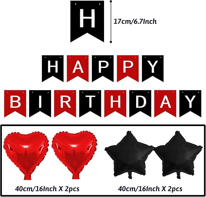 ZERODECO Birthday Decorations - Black & Red Party Decorations with Happy Birthday Banner, Pompoms, Balloons for Boys, Girls, Men & Women