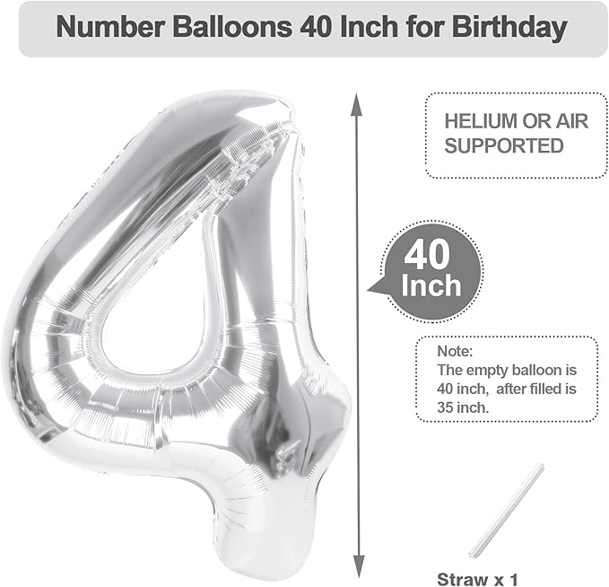 4 Balloon Number Large 40 Inch Foil Balloons for Birthday Party Decoration, Silver Number 4 Ballon for 4, 14, 24, 40 Celebration, Birthday, Christmas, Anniversary Decor