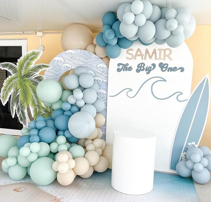 The Big One Balloon Garland Arch Kit, 141pcs Haze Fog Blue Mist Green and Sand White Balloons for Beach Party Decorations Surf Theme First Birthday On Board Boho Baby Shower Supplies