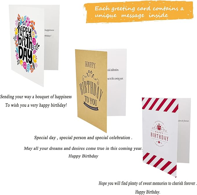 60 Unique Birthday Cards - Assorted Happy Birthday Cards, 5 x 7 inches, With Messages, Envelopes & Stickers in Bulk Boxed Set