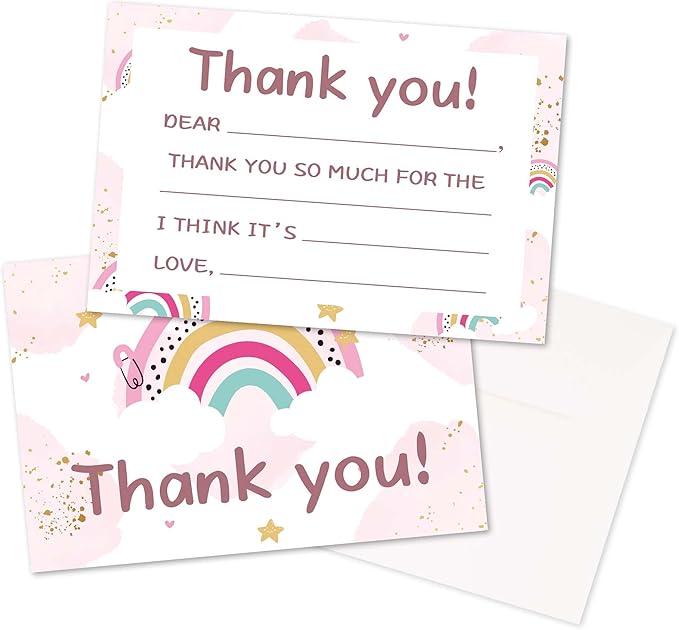 Kids Thank You Cards Fill in the Blank, Boho Rainbow Thank You Notes For Boys Girls, Pink Rainbow Greeting Card, Birthday Party Decorations Favors (20 Cards With 20 Envelopes) -28