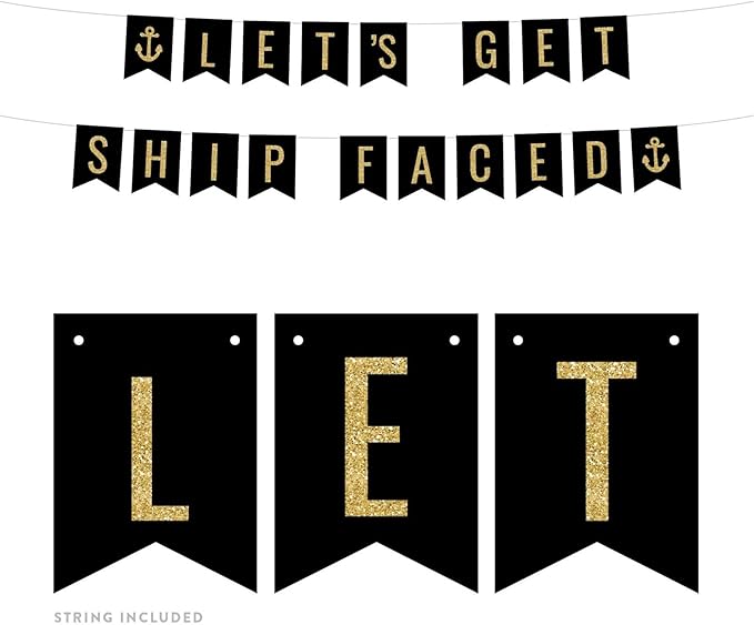 Andaz Press Faux Gold Glitter on Black Funny Alcohol Party Banner Decorations, Let's Get Ship Faced, Anchor Graphic, Approx 5-Feet, 1-Set, Wedding Bridal Shower Bachelorette Hanging Pennant Decor