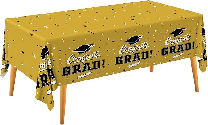 Gatherfun Graduation Tablecloths Graduation Party Table Decorations Waterproof Plastic Rectangular Disposable Table Cover for Congrats Grad Party Supplies 3PCS 54x108 Inch, Gold