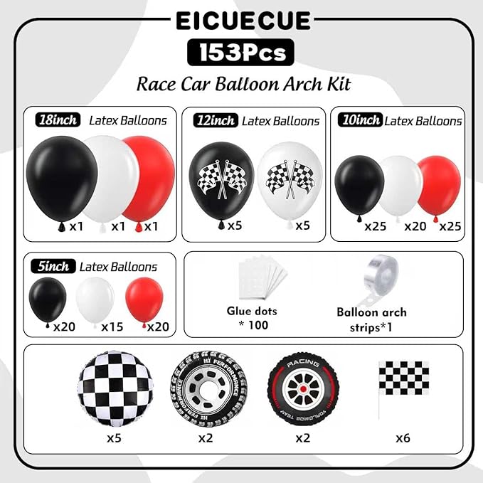 Race Car Balloon Arch Kit -153Pcs Different Size Balloons and Tire Flags Checkered Black Red White Balloon Garland Kit for Racing Car Two Fast 2nd Theme Birthday Anniversary Party Decorations