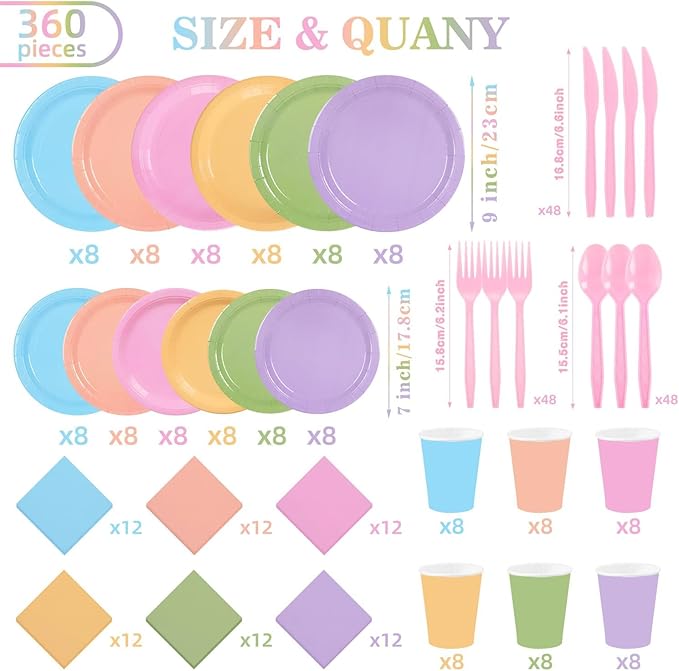 192PCS Pastel Party Supplies Set Rainbow Tableware Bulk Include Paper Plates Cups Napkins Colorful Mix Color Disposable Dinnerware Decorations for Baby Shower Graduation Carnival Wedding