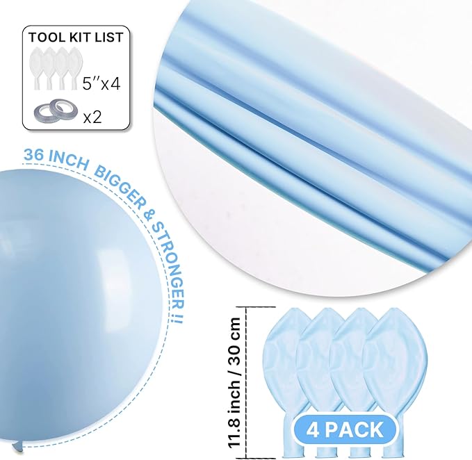PartyWoo Baby Blue Balloons 4pcs 36 Inch Light Pastel Sky Aqua Blue Balloons for Graduation Baby Shower Gender Reveal Weddings Easter Birthday Bachelorette Anniversary Party Decorations Blue-Q13