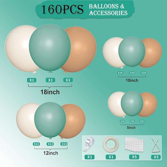 Green White Brown Balloon Garland Arch Kit, 160Pcs Sage Green White Sand Tan Brown Balloons for Birthday Bridal Baby Shower Gender Reveal Wedding Party Decorations