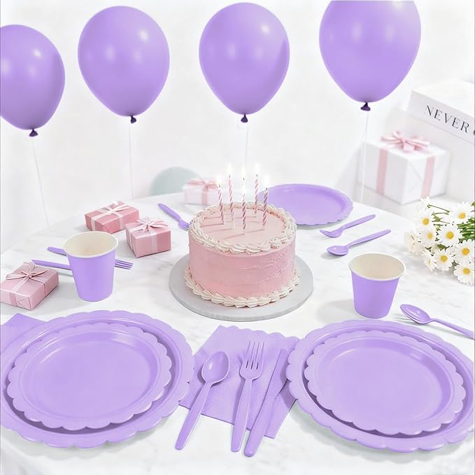 176 PCS Purple Party Decorations - Light Purple Scalloped Plates, Napkins, Cups, Cutlery, Tablecloth for Baby Shower, Wedding, Lavender Birthday Decorations, Serves 25
