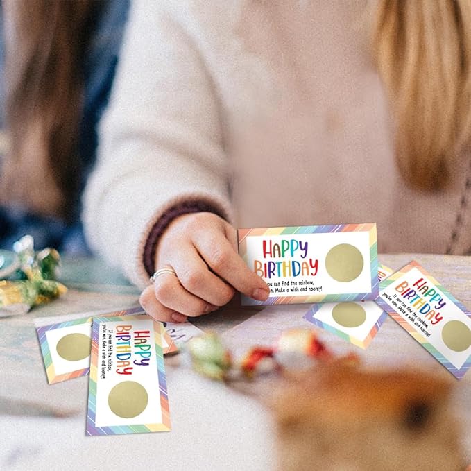 REWIDPARTY Happy Birthday Party Scratch Off Game Cards（32 PCS） Colorful Rainbow Birthday Scratch Off Tickets Christmas Birthday Holiday Special Event Raffle Tickets Supplies for Kids Teens Adults