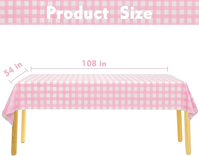 Kesfey 12 Packs Pink Gingham Tablecloth 54 x 108 Inches Pink and White Checkered Table Cloths Party Picnic Disposable Table Covers Splashproof Plastic Checkered Gingham Tablecover for Dinners Party