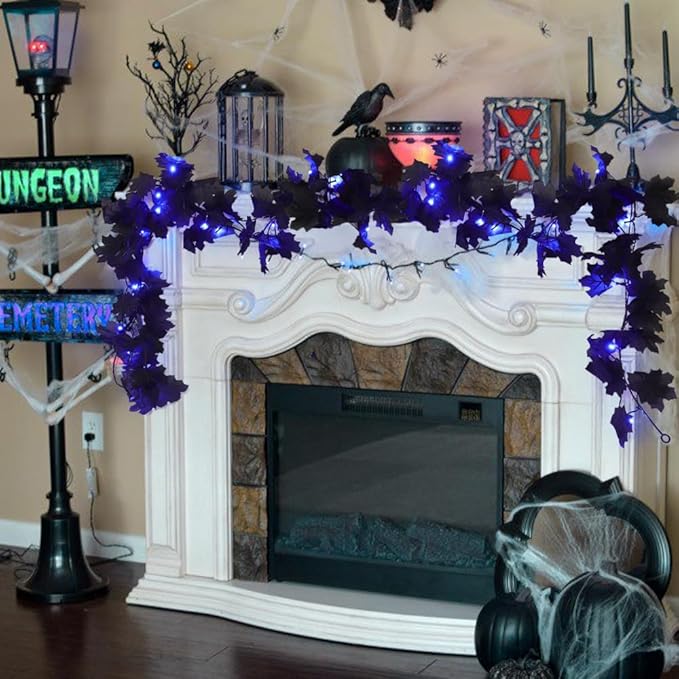 Halloween Garland Decor Indoor Table Decorations Fall Wall Hanging Artificial Black Maple Leaf Vine Decorations for Home (2 Pcs Blue Light, Set with Light)