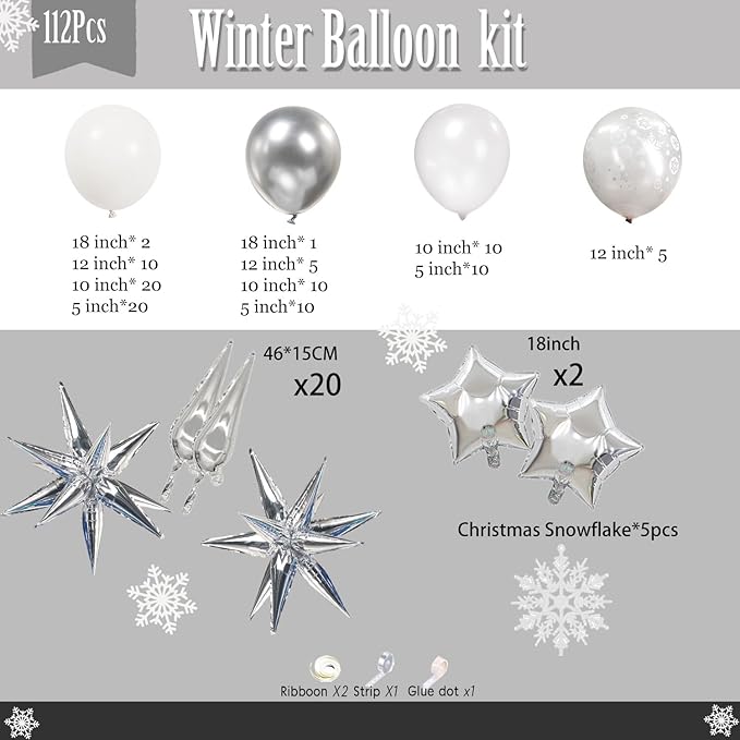 White Winter Wonderland decorations with Pearl White Silver Balloon Garland Arch & Foil Star printed balloons Artificial Snowflakes For winter 1st birthday Christmas new year party decorations