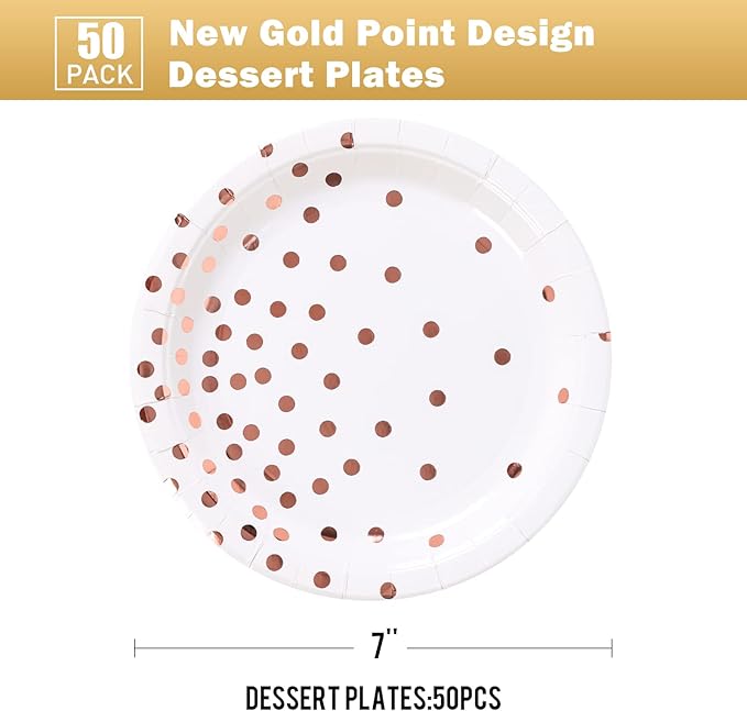 White and Rose Gold Party Supplies, Rose Golde Dot Paper Dessert Plates (50-Count)