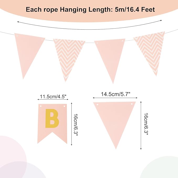 MECCANIXITY Birthday Banner 16 Feet Pink Birthday Decorations CardStock Birthday Sign with Pennant Banner Flags for Birthday Decor Backdrop Festival Party Supplies