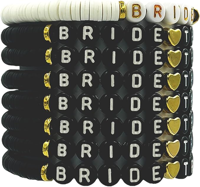 Bridal Shower Decorations, Bachelorette Party Favors, 8 Pcs Bride Tribe Clay Bead Bracelet Preppy Bracelet Stretch for Women Wedding Boho Disc Party Beach Wedding Gift Supplies (1White + 7Black)