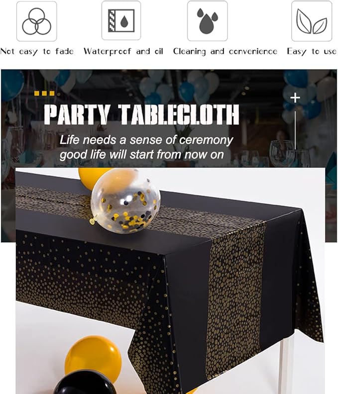 Yancorp 2 Pack Tablecloth for Rectangle Tables Gold Dot Disposable Tablecloths Plastic Tablecloth Party Table Covers for Birthday Thanksgiving Christmas Wedding Outdoor BBQ (Black-M, 2 Pack)