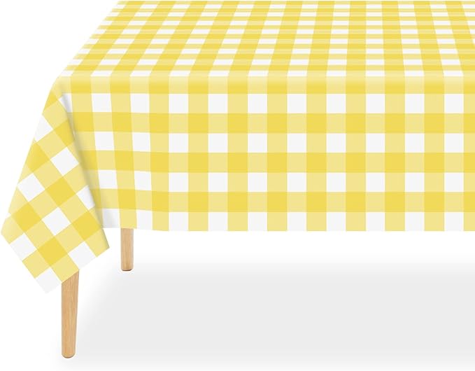 QIKSION Yellow Gingham Tablecloth Disposable 6 Pack, 54 x 108 Inch Yellow and White Checkered Table Cloth for Easter Decorations, Birthday Party Supplies, Rectangle, Plastic Table Cover