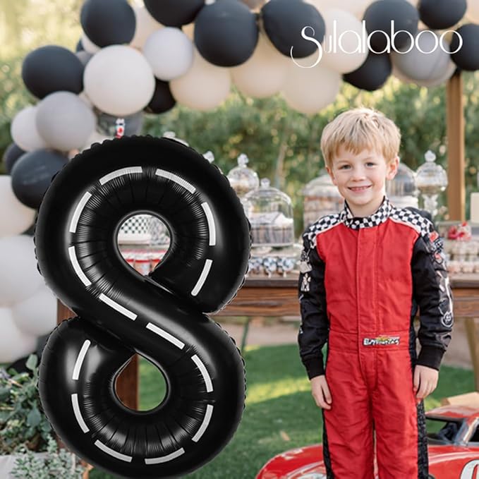 Race Car 40Inch Black 8 Balloon Number Large Helium Race Track 0-9 Giant Digital 8th Foil Mylar Big Party Number Balloons for Boy Birthday Car Theme Party Anniversary Graduation Decorations