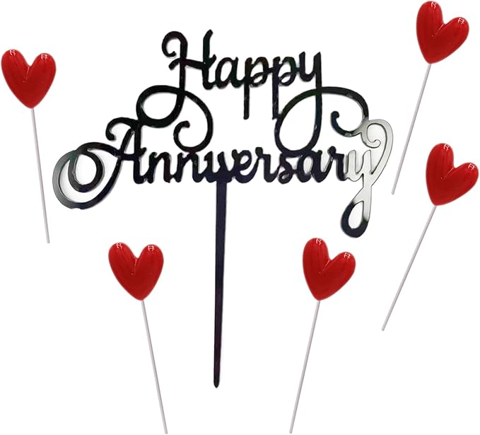 Happy Anniversary Cake Topper Happy Anniversary Cake Decorations for Party Decorations (black red heart)