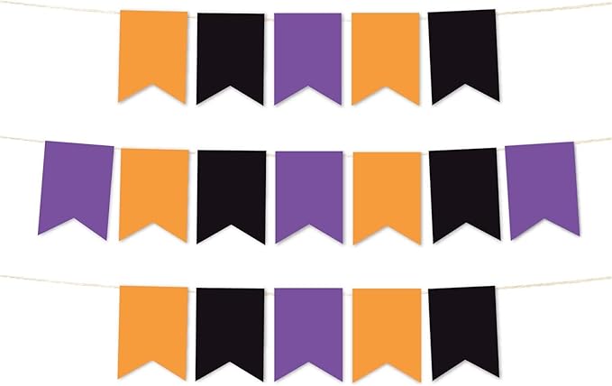 Andaz Press Hanging Pennant Banner with String, Orange, Black, Purple, 1-Set, 24 Pennants, Approx. 12-Feet Long, Halloween Theme Colored Supplies
