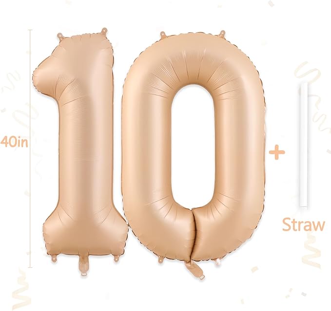 10 Balloon, Number 10 Balloon, Number Balloons 40 Inch, Beige Large Big Foil Number Balloons for Birthday Party Graduation Wedding Anniversary Bachelorette Events Party Decoration Supplies