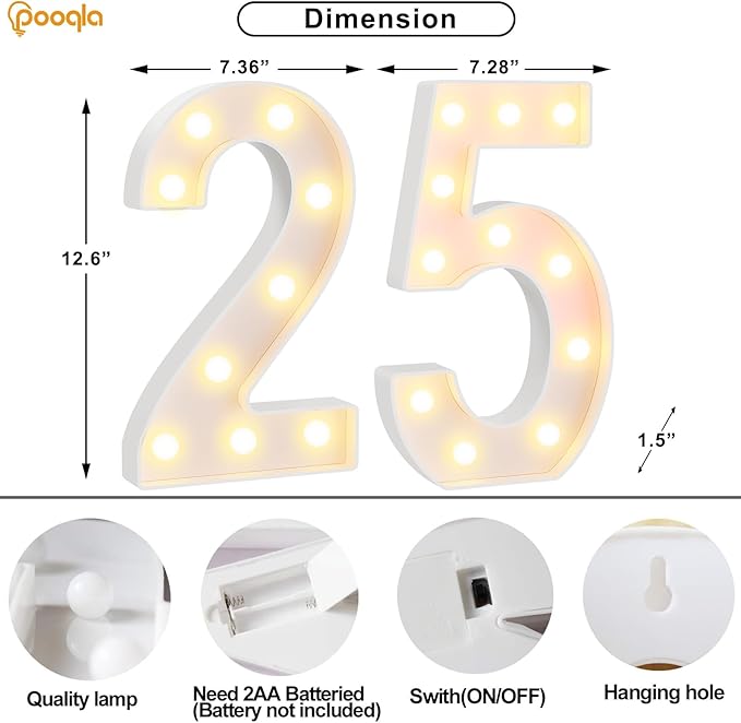 Pooqla 25th Birthday Decorations for Her Him, Large 12.6 in Tall Light Up Numbers for Party Decorations Table Decor, Big Marquee Numbers 25th Birthday Gift for Women Men Wedding Anniversary Decor