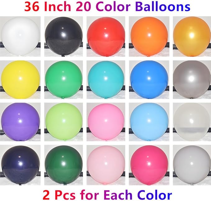 40 Pcs Giant Balloons 36 Inch Latex Large Assorted Color Bulk Balloon 20 Kinds Colors for Birthday Wedding Carnival Anniversary Party Decorations