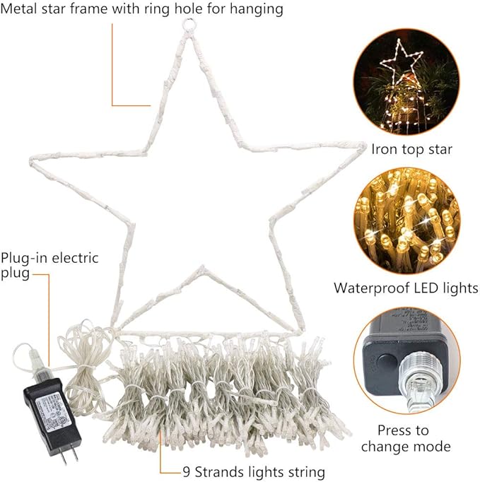 Christmas Decoration Star Lights Outdoor, 320 LED 16.4Ft Christmas Tree Toppers String Lights [8 Modes& Waterproof] for Halloween Christmas New Year Holiday Birthday (Iron-Warm White)