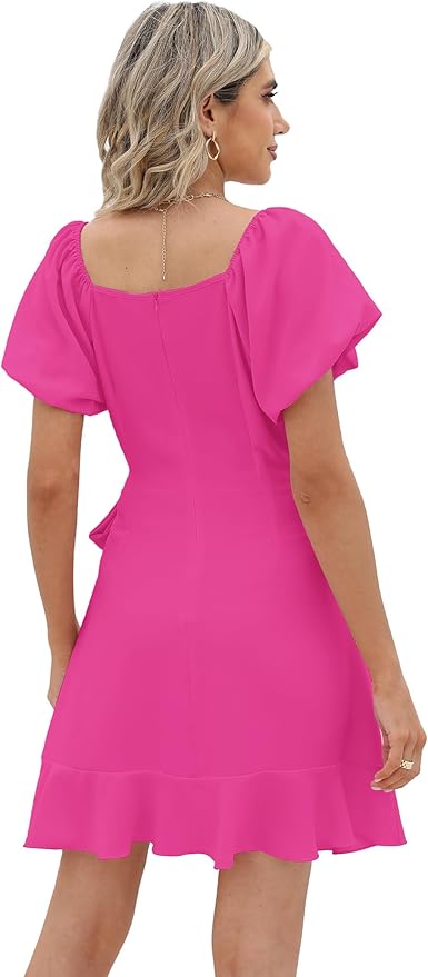 Sampeel Womens Summer Dresses Square Neck Puff Sleeve Tie Waist Short Dress
