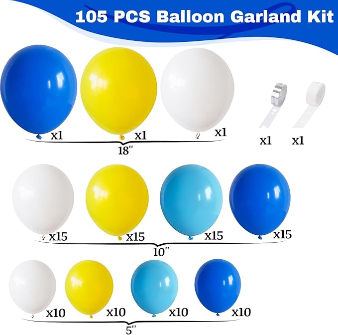 Royal Blue White Yellow Balloon Arch Kit - 105 PCS Balloon Garland Kit with Yellow and Blue Latex Party Balloons for Baby Shower, Anniversary, Birthday, Wedding, Graduation Parties