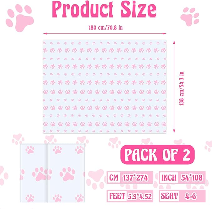 Tatuo 2 Pcs Puppy Paw Print Plastic Tablecloth Disposable Table Cover Puppy Themed Birthday Party Decorations for Dog Party Supplies (Pink,71 x 54 Inch)