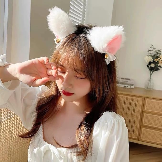 Light Up Headband Cat Ears With Bell Furry Headband Rave Accessories For Women Girls Valentine's Day Party Costume
