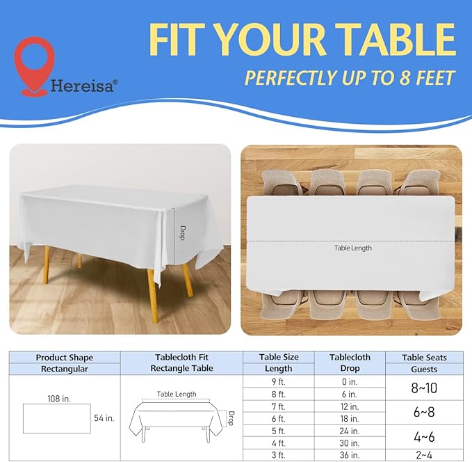 8-Count White Disposable Plastic Tablecloths Rectangle 54x108 Inch - Extra Long Waterproof Banquet Table Covers for Parties & Catering