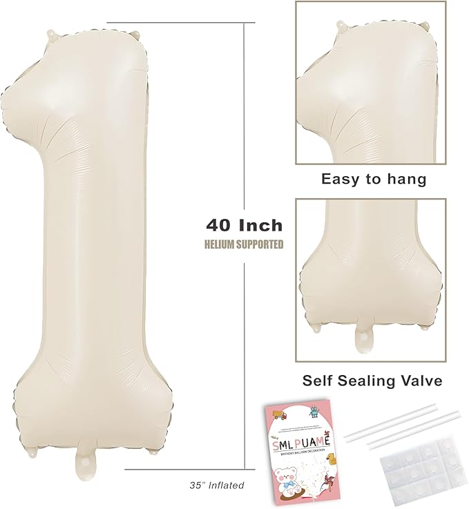 Smlpuame 40 Inch Beige Number 2 Balloons for 2nd Birthday Decorations Boys Girl, Giant Self-Sealing Cream Foil Number 0-10 White Sand Balloon for Women Men Party Anniversary Baby Shower Supplies