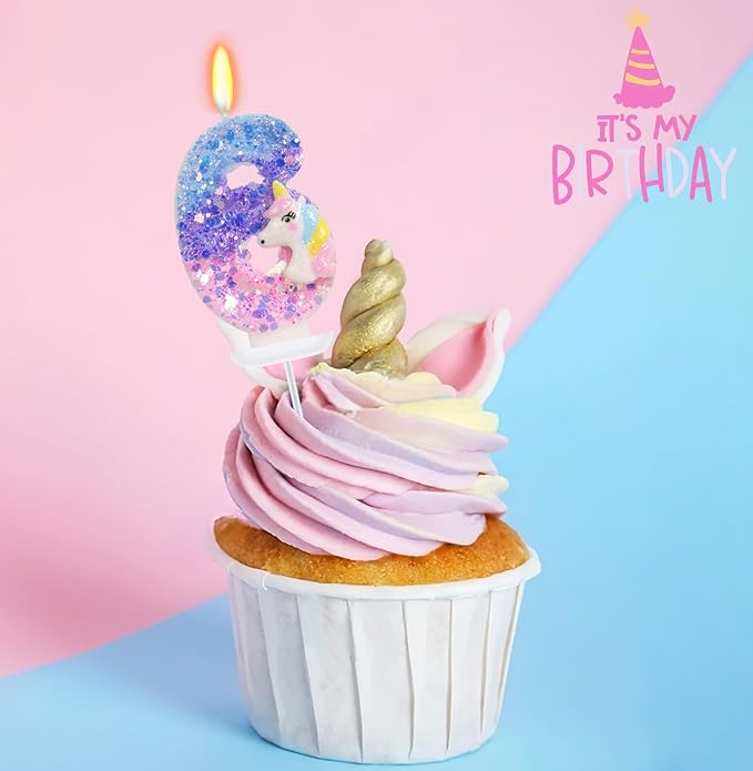 Unicorn Candle - Number 6 Candle, 6th Birthday Decorations for Girls, Colorful Sequins Birthday Candles for Cake, Cartoon Unicorn Theme Party Decorations