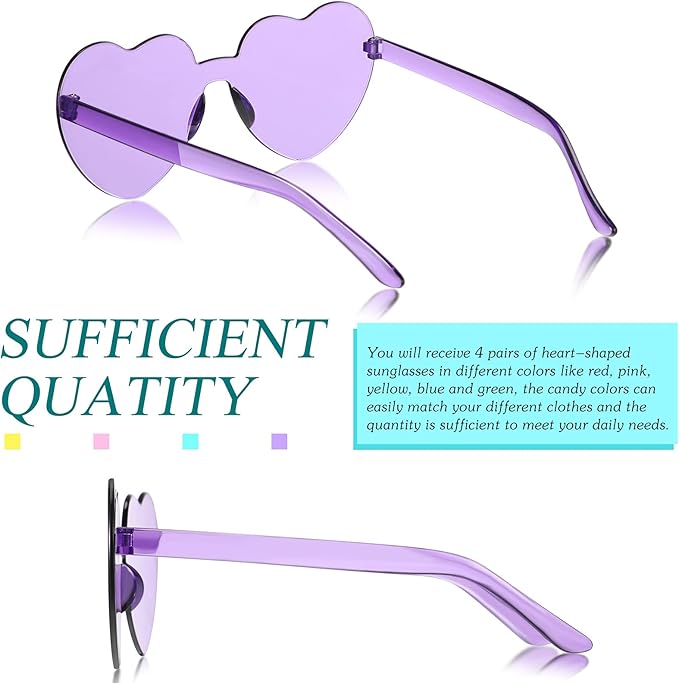 TOODOO 4 Pack Heart Shaped Sunglasses Rimless Candy Color Eyewear Galentine Valentines Accessories