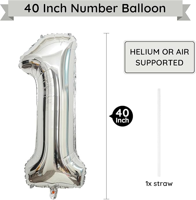 Silver Number 1 Balloon,40 Inch Large Number Foil Mylar Balloons for 1st Girl Boy Birthday Party Celebration Decoration Supplies, Big Digital Balloons for Wedding Anniversary Events Decor