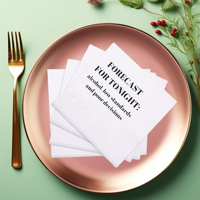 Funny Cocktail Napkins 100Pcs Funny Quotes Saying Disposable Paper Party Napkins 4.5 x 4.5 Two-ply (Forecast For Tonight: Alcohol, Low Standards, and Poor Decisions Napkins)