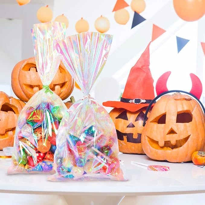 HRX Package 120pcs Iridescent Cellophane Treat Bags with Ties, 6x12 inch Holographic Plastic Goody Bags for Candy Party Favors Small Gifts