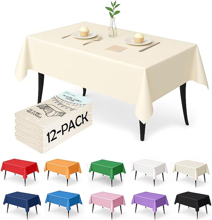 Craft And Party 12-Pack Ivory Plastic Tablecloths – 54 x 108 Inch Disposable Table Covers for Rectangle Tables, Heavy Duty & Waterproof for Parties, Events, Banquets, Ivory