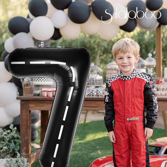 Race Car 40Inch Black 7 Balloon Number Large Helium Race Track 0-9 Giant Digital 7th Foil Mylar Big Party Number Balloons for Boy Birthday Car Theme Party Anniversary Graduation Decorations