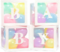 Baby Boxes with Letters for Baby Shower, 4 Transparent Balloon Boxes with Letters for Gender Reveal Birthday Wedding Baby Shower Decorations(Pastel Balloons)